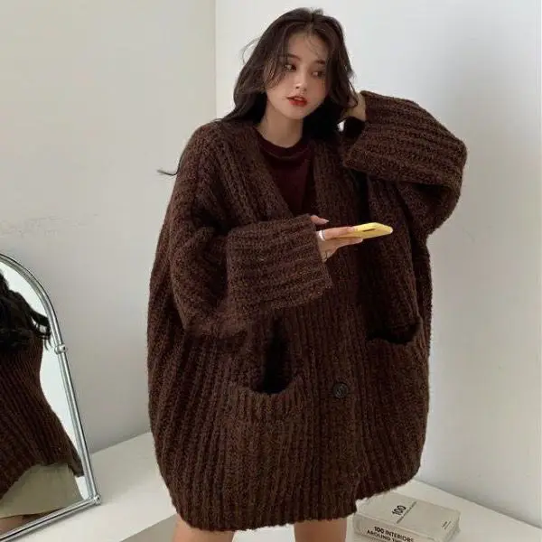 

Cardigan Retro Streetwear Oversized Women Harajuku Knitted Sweater Vintage V-neck Loose Casual Long Sleeve Knitwear Top 2022 New