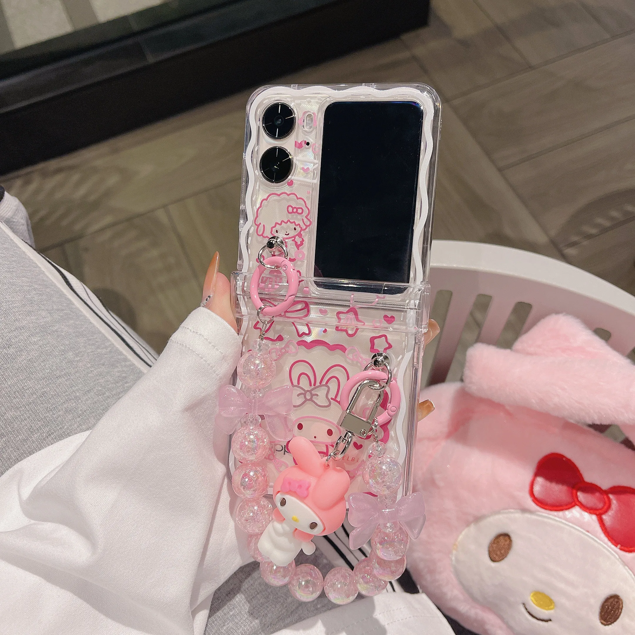 Cute Sanrio My Melody Kuromi Cinnamoroll  Hand Chain With Doll Pendant Phone Case  For OPPO Find N2 Flip Wavy Transparent Cover
