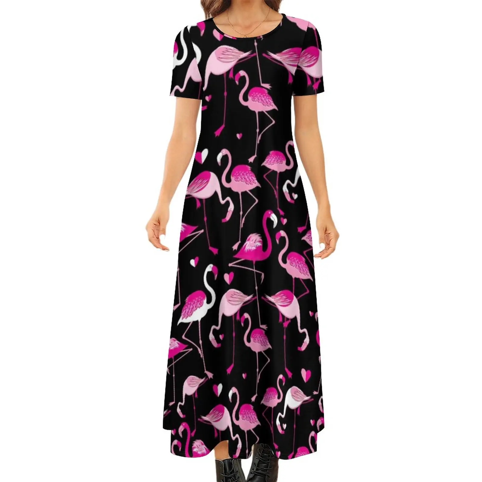 

Cartoon Flamingo Dress Heart Print Elegant Maxi Dress Short Sleeve Funny Boho Beach Long Dresses Lady Graphic Oversized Vestidos