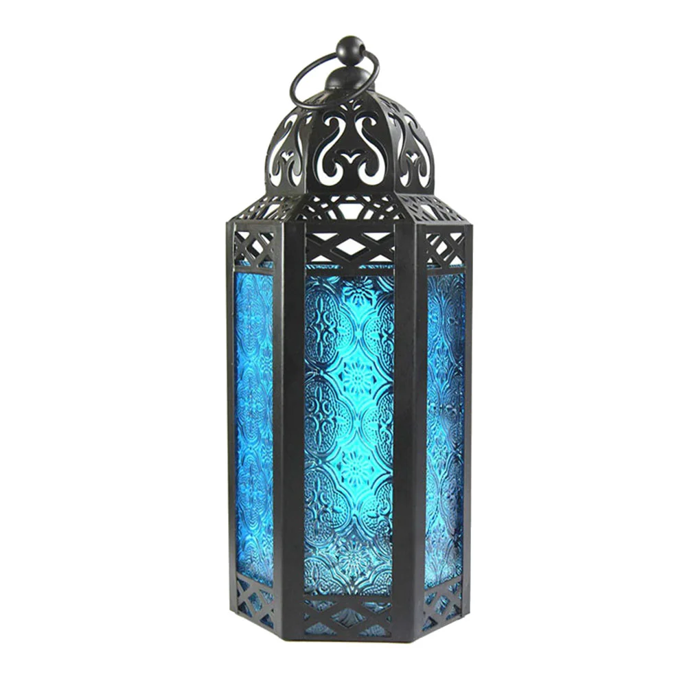 

Подсвечник из кованого железа в марокканском стиле, декоративный подсвечник, штормовой фонарь, настольные украшения (синий)