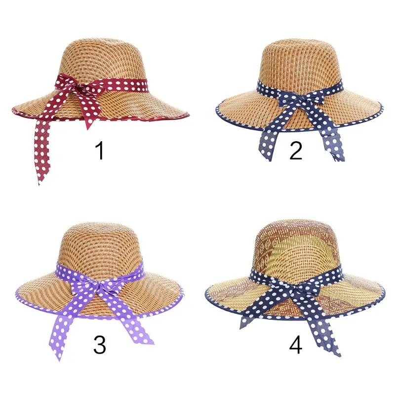 

Women Vintage Country Style Summer Straw for Sun Hat Contrast Color Polka Dot Pr