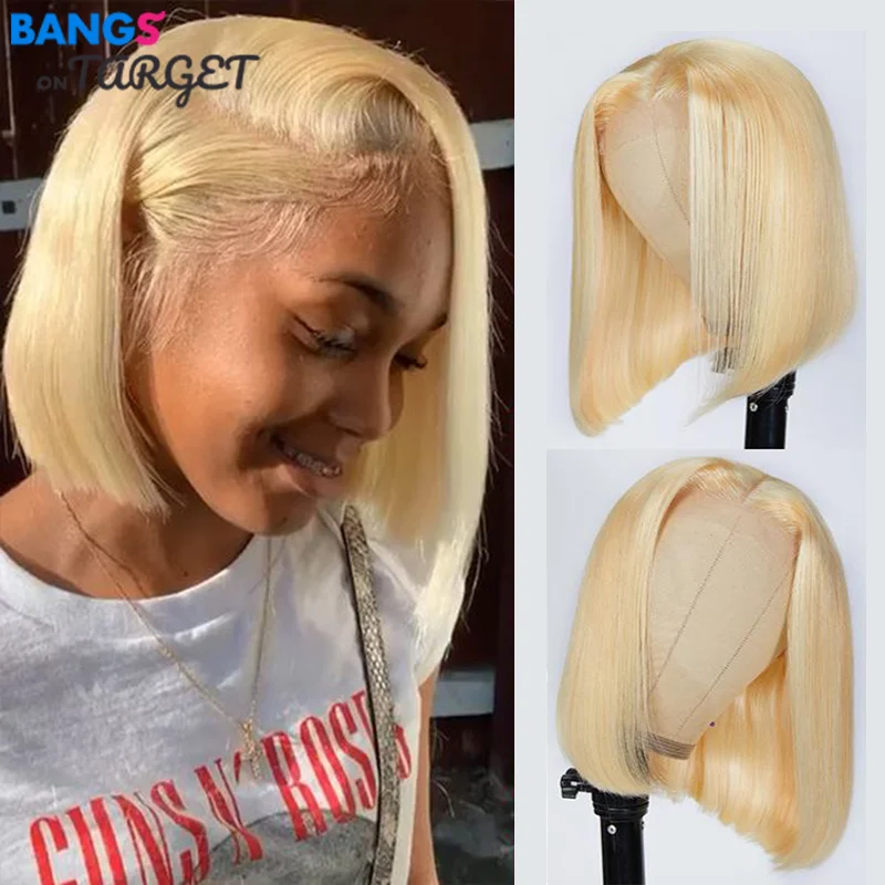 Blonde Short Bob Human Hair Wigs 13x4 Blonde Hd Lace Frontal Brazilian Human Hair Wigs Free Part 150% Density Bob Wigs For Women