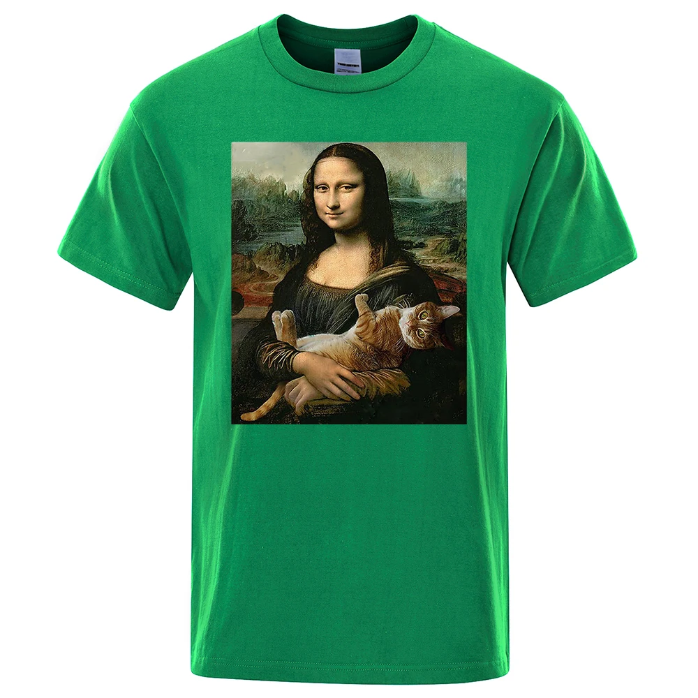 

Oversized Summer Fashion Men T-shirt Casual Funny Mona Lisa And Cat Couple Tee Shirts Short Sleeve Solid Color Gothic Top