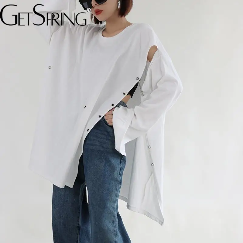 

GetSpring Women T Shirt Full Sleeves Cotton White Tshirt Split Off Shoulder Loose Long Ladies Tee Shirt Female Summer Tops 2022