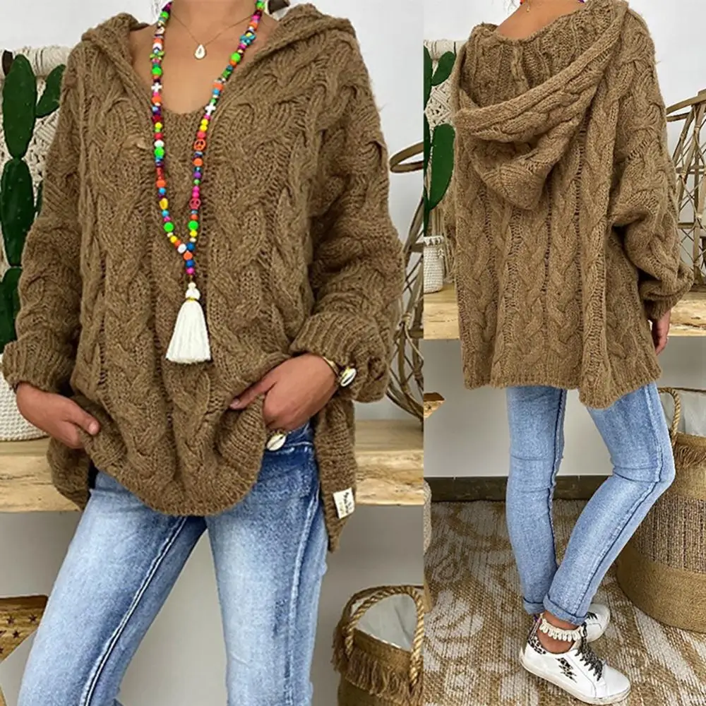 

Women New Sweater Hood Knitted Solid Color Long Sleeve Autumn 2023 Braided Hooded Pullover Women's Casual Clothing