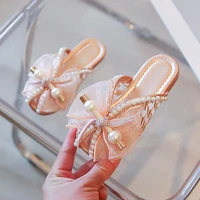 pink mesh bow pearl open toe all match slippers for skirt 2022 childrens fashion sweet princess flat casual sandals for girls