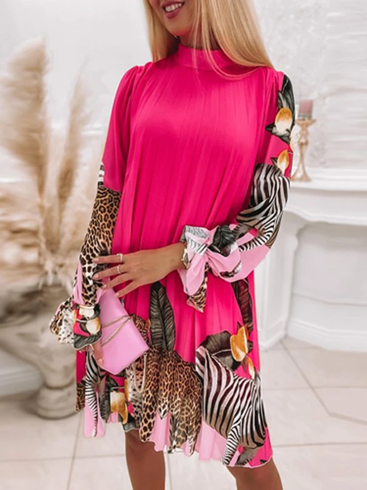

Women Commute Turtleneck Pleated Draped Dress Summer Flare Sleeve A-Line Dresses Fashion Leopard Printed Party Patchwork Dress