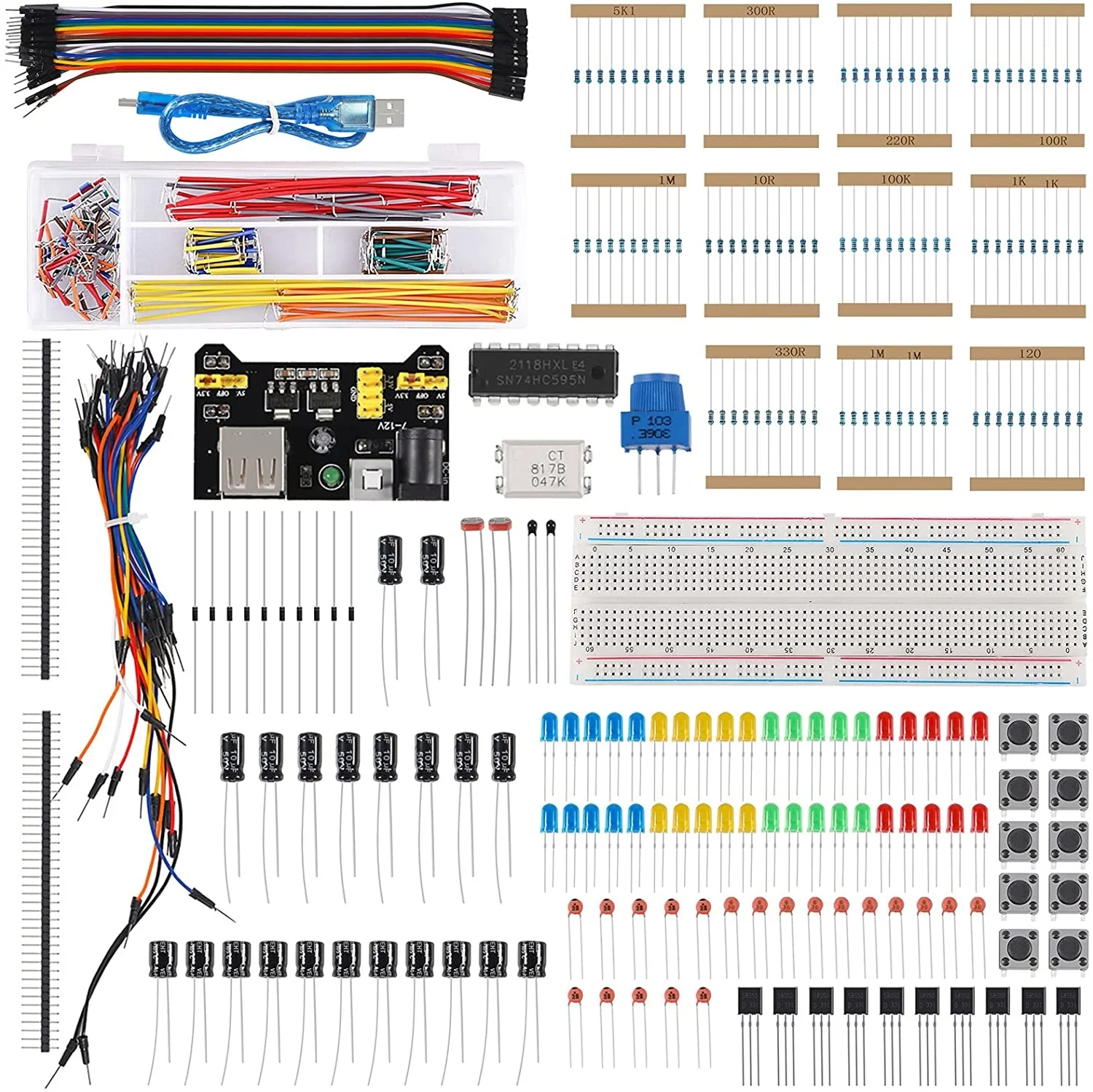 

Electronics Component Fun Kit Power Supply Module Jumper Wire 830 Pin Breadboard Precision Potentiometer Resistor for Arduino
