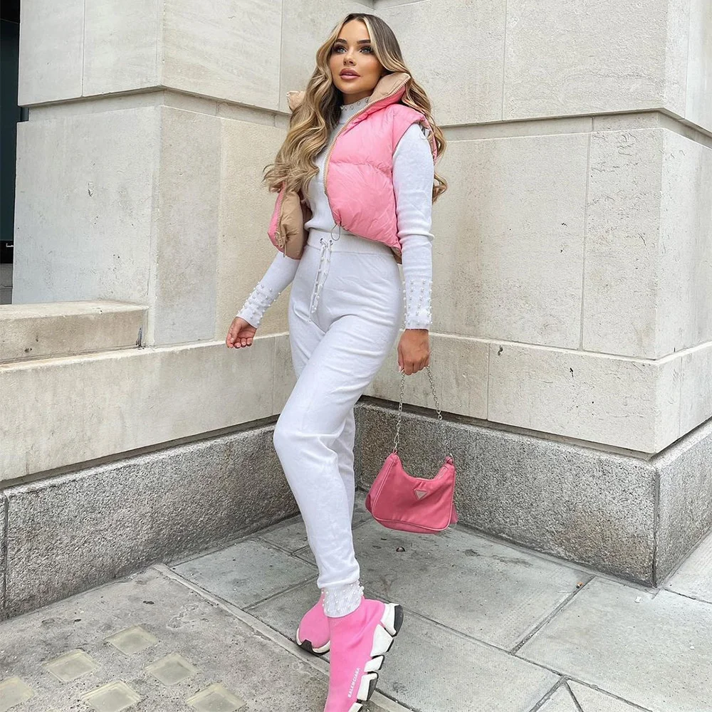 Fashion Winter Pink Vest Jackets Solid Color Warm Cotton Coat Stand Collar Zipper Double-sided Jacket Women Parkas Streetwear