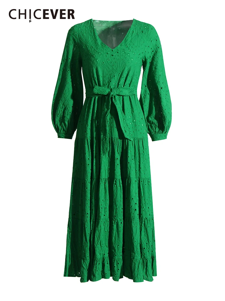 

CHICEVER Slim Dresses For Women V Neck Long Sleeve High Waist Folds Patchwork Lace Up Hollow Out Embroidery Solid Dress Female