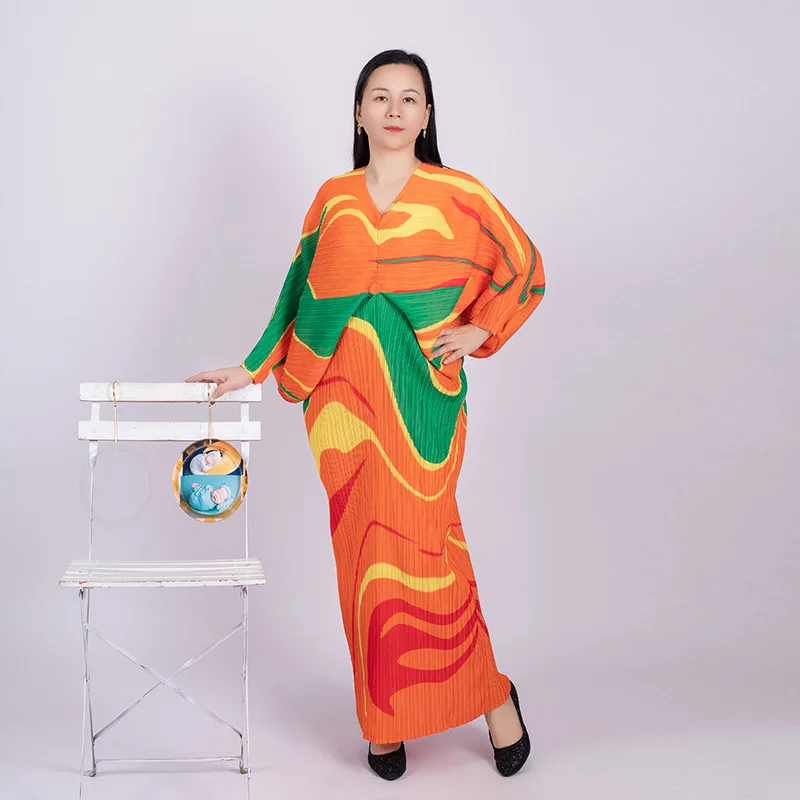 

Свободное Плиссированное Платье с принтом, V-образным вырезом и рукавом летучая мышь, новинка 2023