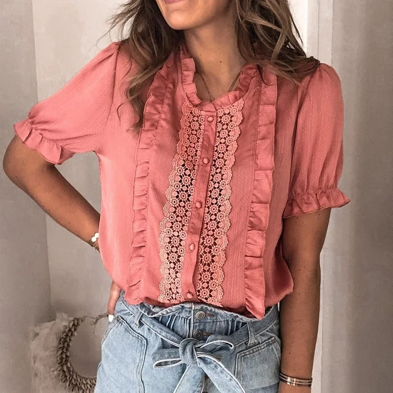 

Summer Women O-Neck Solid Colors Flower Short Sleeve T-Shirts Vintage Lace Chiffon Tops New Elegant Casual Clothing Commute Wear