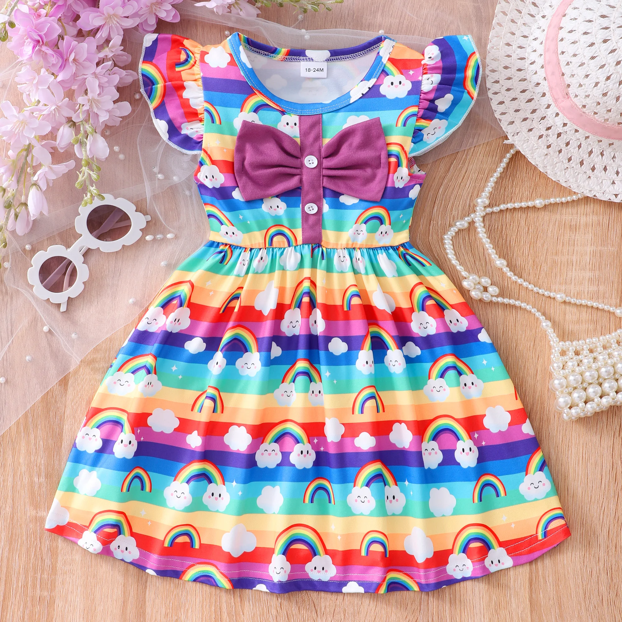 

New 1-7Y Kids Clothes Girls Kid Dresses Summer Flying Sleeve Rainbow Stripes Bow Ruffles Dress Casual Summer Children's Dress