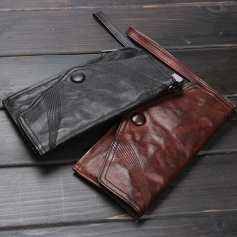 Fashion design handmade genuine leather ladies long clutch wallet vintage soft natural first layer cowhide men's phone purse
