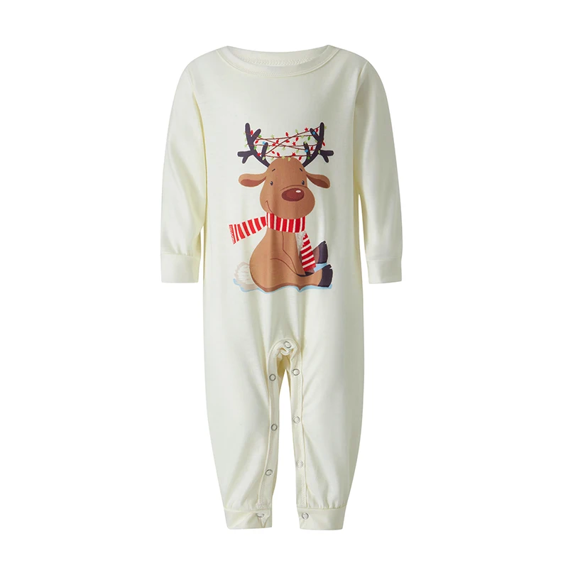 Family Christmas Pajamas Matching Set Elk Print Long-Sleeve Tops with Plaid Pants Sleepwear for Adult Kid Baby Dog