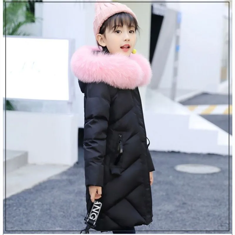 Winter Fashion New Hooded Coats for girls Thicke Warm Big Fur Collar Snowsuit Children's Clothes Letter Print Down Jacket 4-14 Y