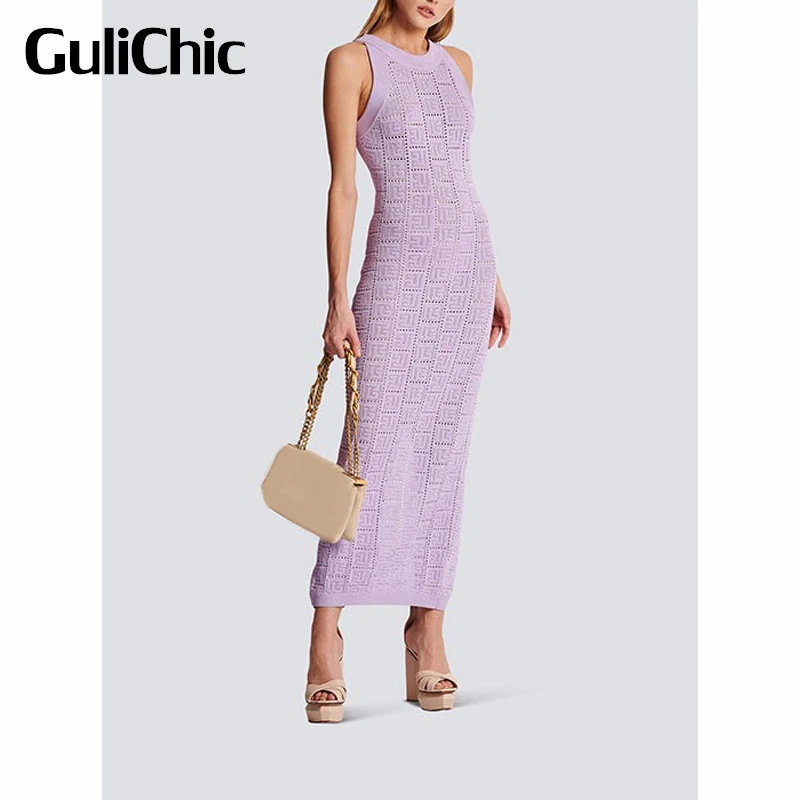 5.9 GuliChic Elegant Temperament Hollow Out Geometric Jacquard Stretchy Slim Knitted Back Split Dress Women