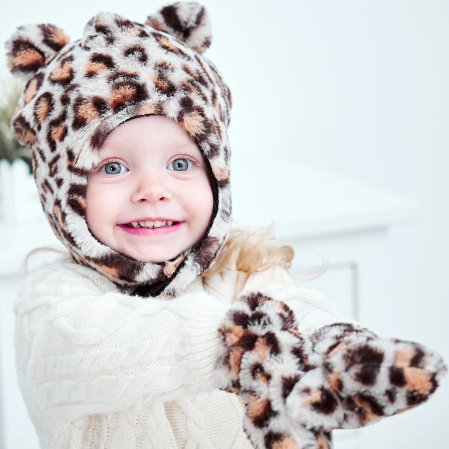 

Leopard Print Baby Hat Gloves Set Plush Thick Warm Kids Girl Boy Bonnet Hat Ear Protection Children Toddler Beanie Cap Mittens
