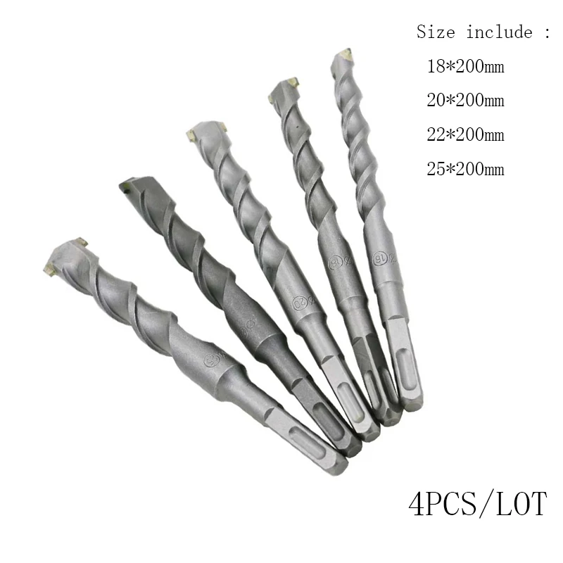 4Pcs/lot 18-25mm*200mm Electric hammer  SDS Impact Fast Spiral Rotary Masonry Hammer Drill Bits Set Carbide Tip Square Shank