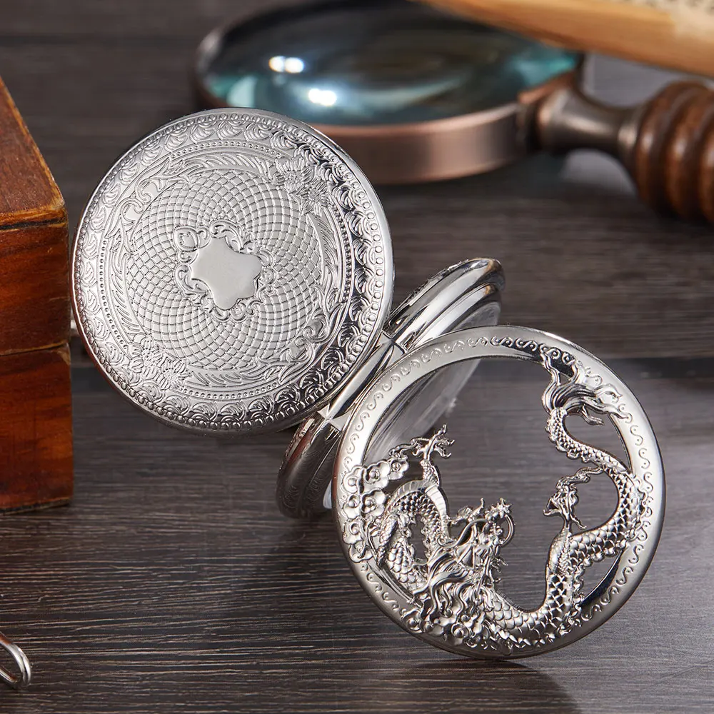 Vintage Double Side Chinese Dragon Stainless Steel Silver Mechanical Pocket Watch For Men FOB Chain Necklace Male Watches