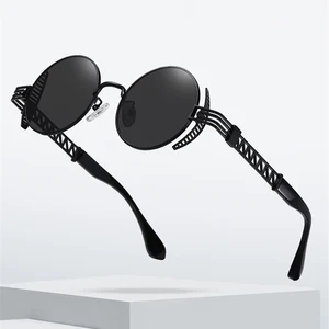 VIVIBEE Round Steampunk Sunglasses For Men 2022 Retro Women Metal Accessories Gothic UV400 Mirror Pu