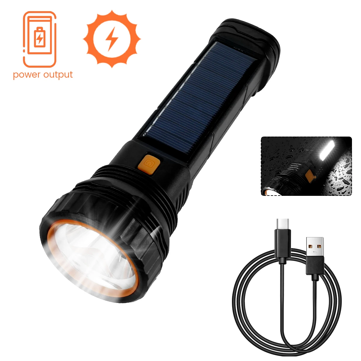 

Solar Led Flashlight with COB Side Light USB Rechargeable Torch Light Outdoor Multi-function Emergency Power Bank Hand Lamp