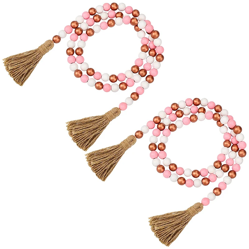 

2 Pieces Valentine's Day Wood Bead Garlands with Tassels Farmhouse Rustic Country Wood Bead Garland