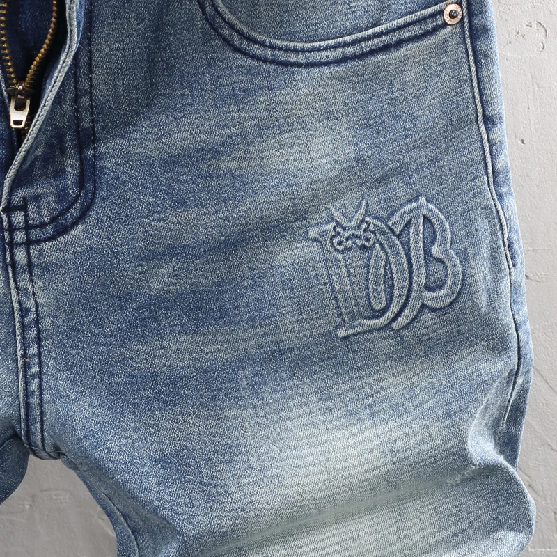 Summer Vintage Fashion Men Jeans Retro Washed Blue Elastic Embossed Designer Short Jeans Homme Street Hip Hop Denim Shorts Men
