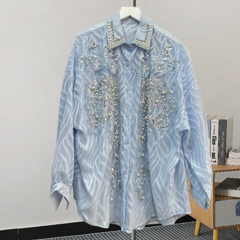 Новые блузки на пуговицах с бисером и блестками женские рубашки средней длины