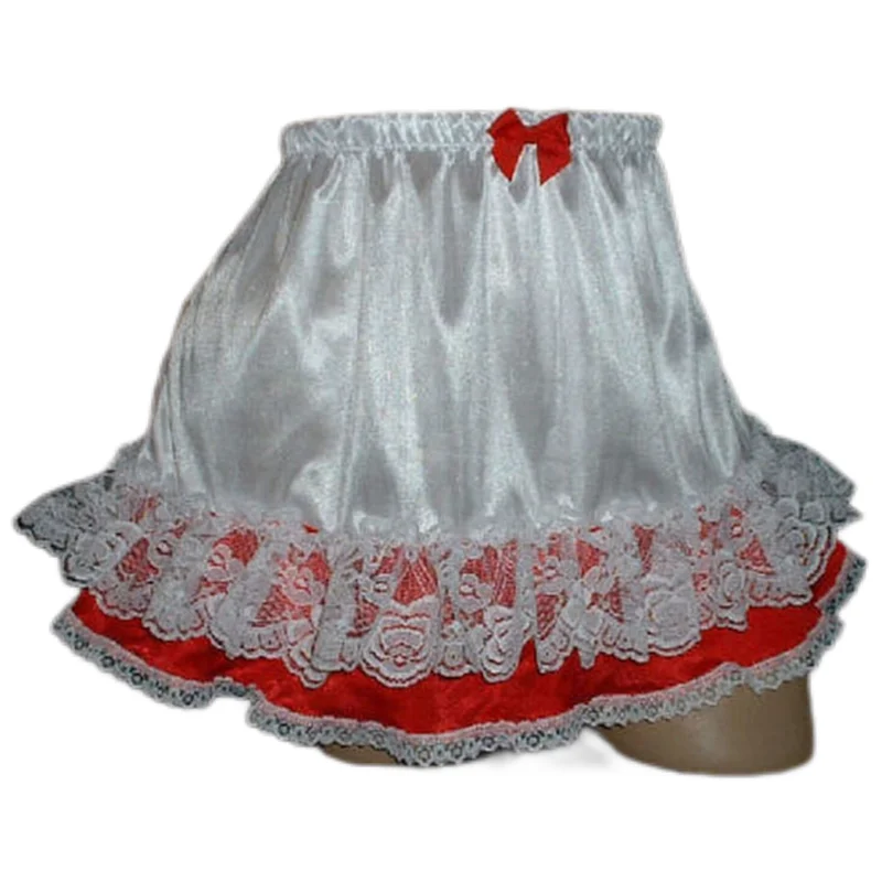 

Платье атласное эластичное средней длины для взрослых, тонкое пикантное платье гигантской малышей, белого цвета с красным подолом, горничная, кроссдресс, индивидуальная Настройка