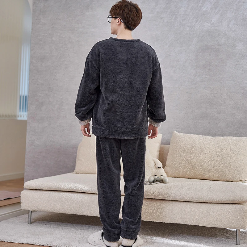 QUHENG 2022 Autumn Pajamas Set for Men Winter Long Sleeved Trousers Round Neck Leisure Coral Fleece Homewear Suit Pajamas Set