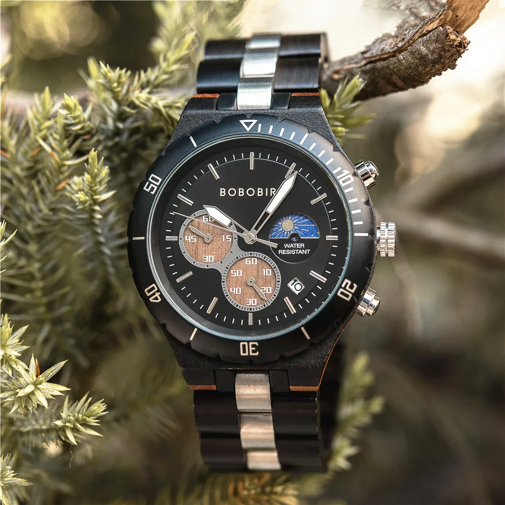 

BOBO BIRD 2022 Роскошные zebravwood мужские часы многофункциональный хронограф Moonphase кварцевые деревянные часы Прямая поставка логотип на заказ