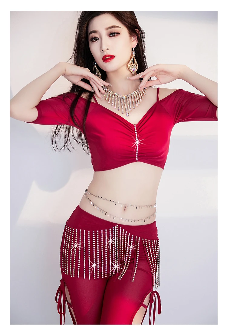 Новый тренировочный костюм для танца живота сексуальный топ с v-образным вырезом