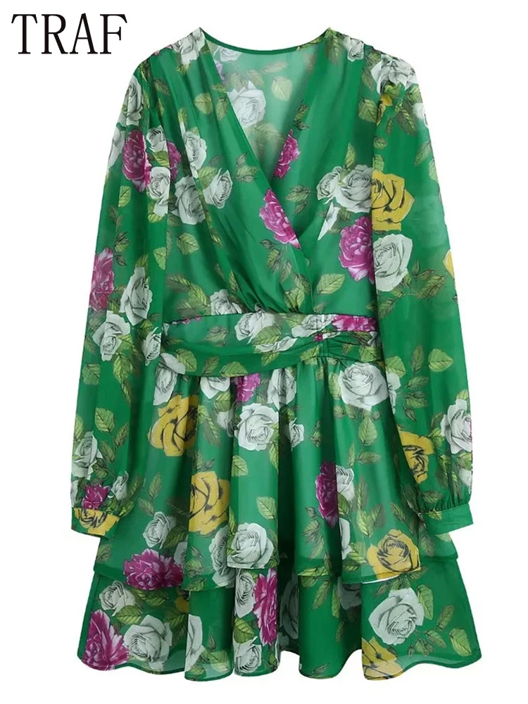 Женское мини-платье с цветочным принтом воланом и длинным рукавом |