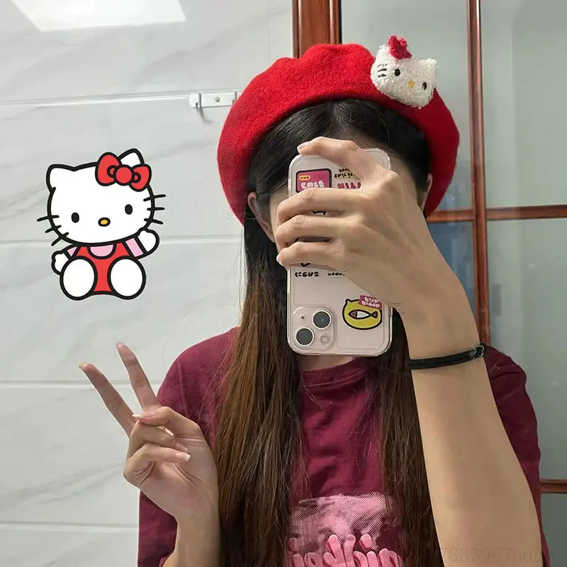 

Kawaii Hello Kitty Зимний берет Sanrio Ретро универсальная шерстяная шапка Студенческая зимняя Милая женская плюшевая шапка для колледжа подарок для ...