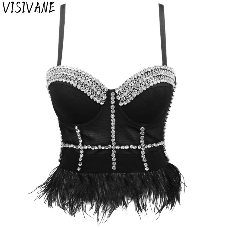 

Visivane Suspenders Costumes Celebrities Heavy Industry Diamonds Feathers Tassel Sexy Tube Tops Women Clothing Beading Summer