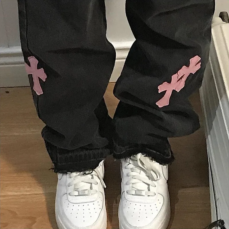 Streetwear Korean Fashion Versatile Denim Trousers Cross Applique Jeans Woman High Waist 4XL Size Y2k Straight Baggy Pants