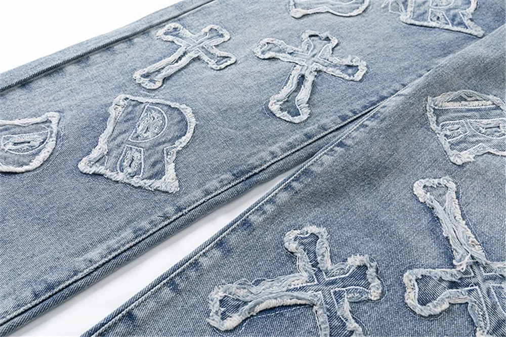Cross Patch Embroidery Denim Jeans Men Y2k Streetwear Patchwork Hip Hop Oversize Straight Leg Casual Pants Cotton Trousers Male
