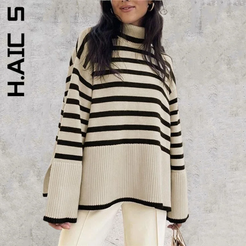 

Женский пуловер в полоску H.Aic, черный и белый свободный свитер, джемпер с длинным рукавом, водолазка, вязаные свитера в рубчик
