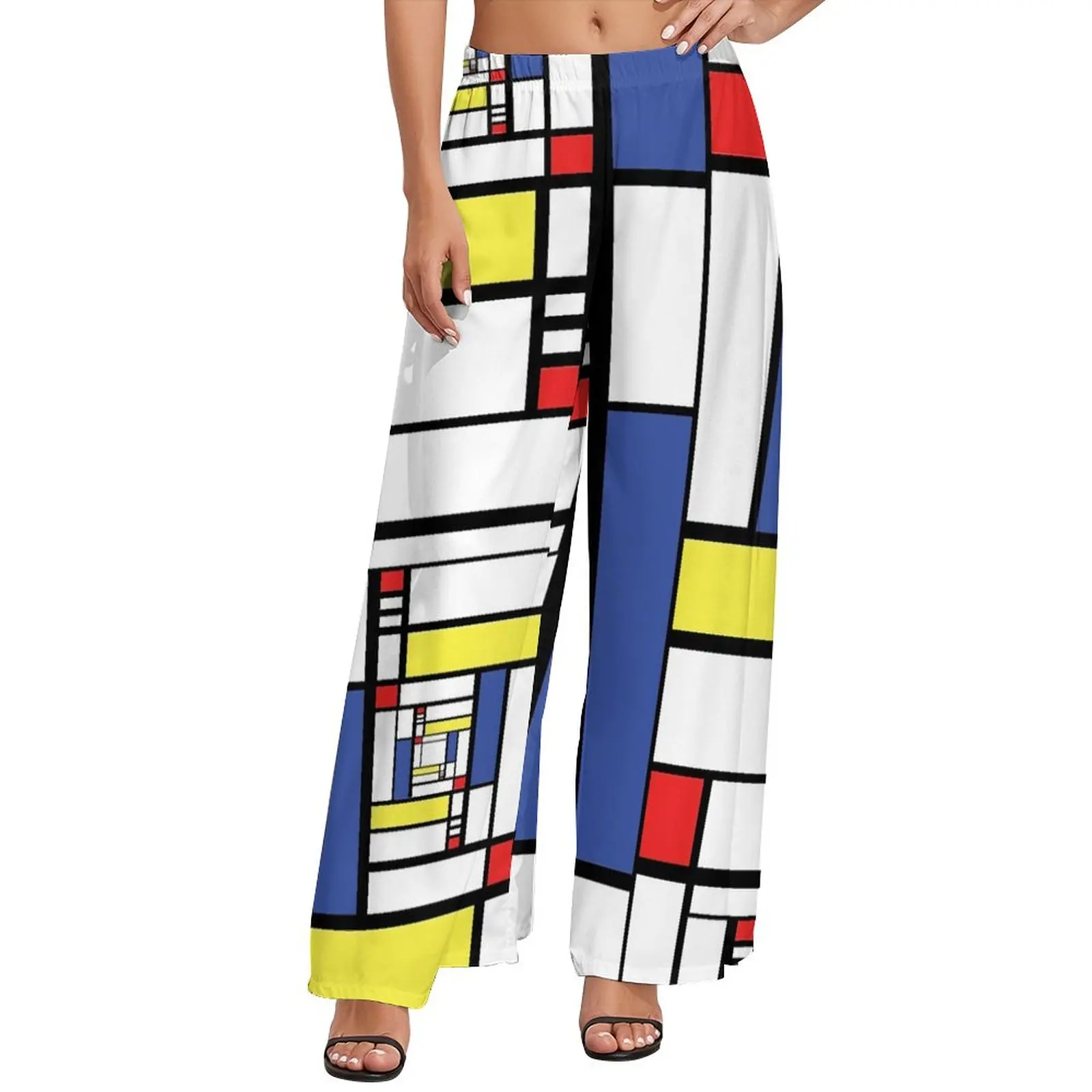 

De Stijl Pants Geometric Print Workout Wide Pants Woman Oversized Street Fashion Graphic Straight Trousers