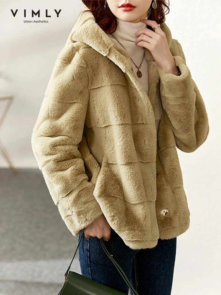 Vimly Hooded Faux Fur Coat 2022 Winter Office Ladies Fashion Luxury Thick Warm Fur Jacket Overcoat for Women Clothes 50386