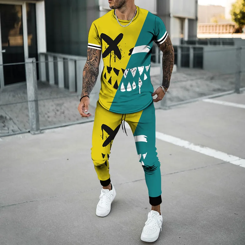 Joogers Men's Tracksuit Smiley Pattern 3D printed short-sleeved T-shirt trousers Casual Summer Men 2 Piece Sets Sport tshirts