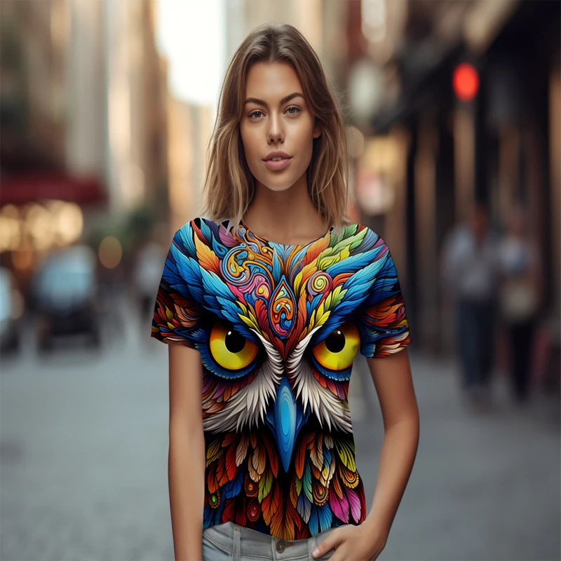 

Красочная футболка с 3D-принтом совы, летняя женская футболка с круглым вырезом, модная повседневная футболка, гавайская фотофутболка