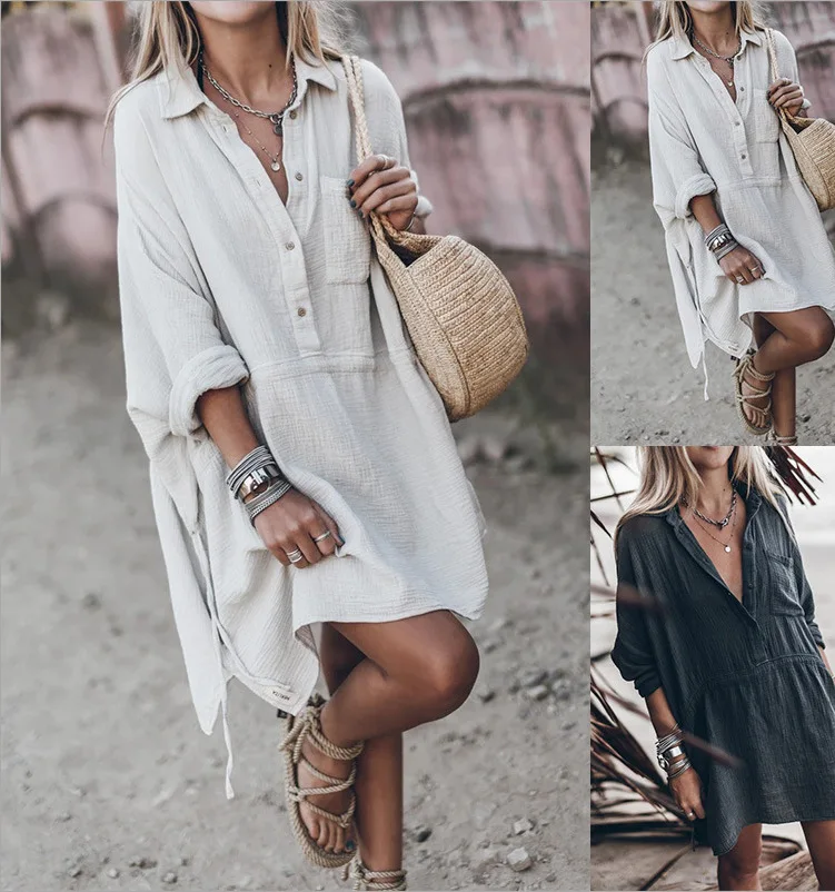 

2022 Fall Women's Casual Loose Cotton Linen V-Neck Dress
