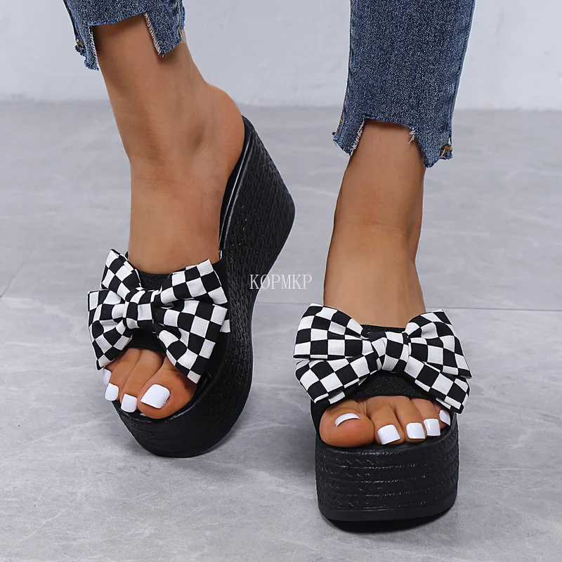 

Женские туфли без задника, черные шлепанцы на танкетке с сетчатым бантом, с открытым носком, Размеры 35-43, для лета, 2022