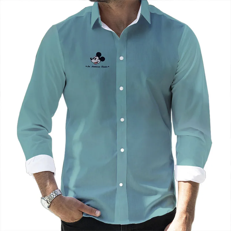 

Мужская приталенная рубашка с длинным рукавом, Повседневная рубашка с отложным воротником и 3D-принтом из мультфильма Диснея, брендовый мужской топ с Микки и стежками, осень 2022