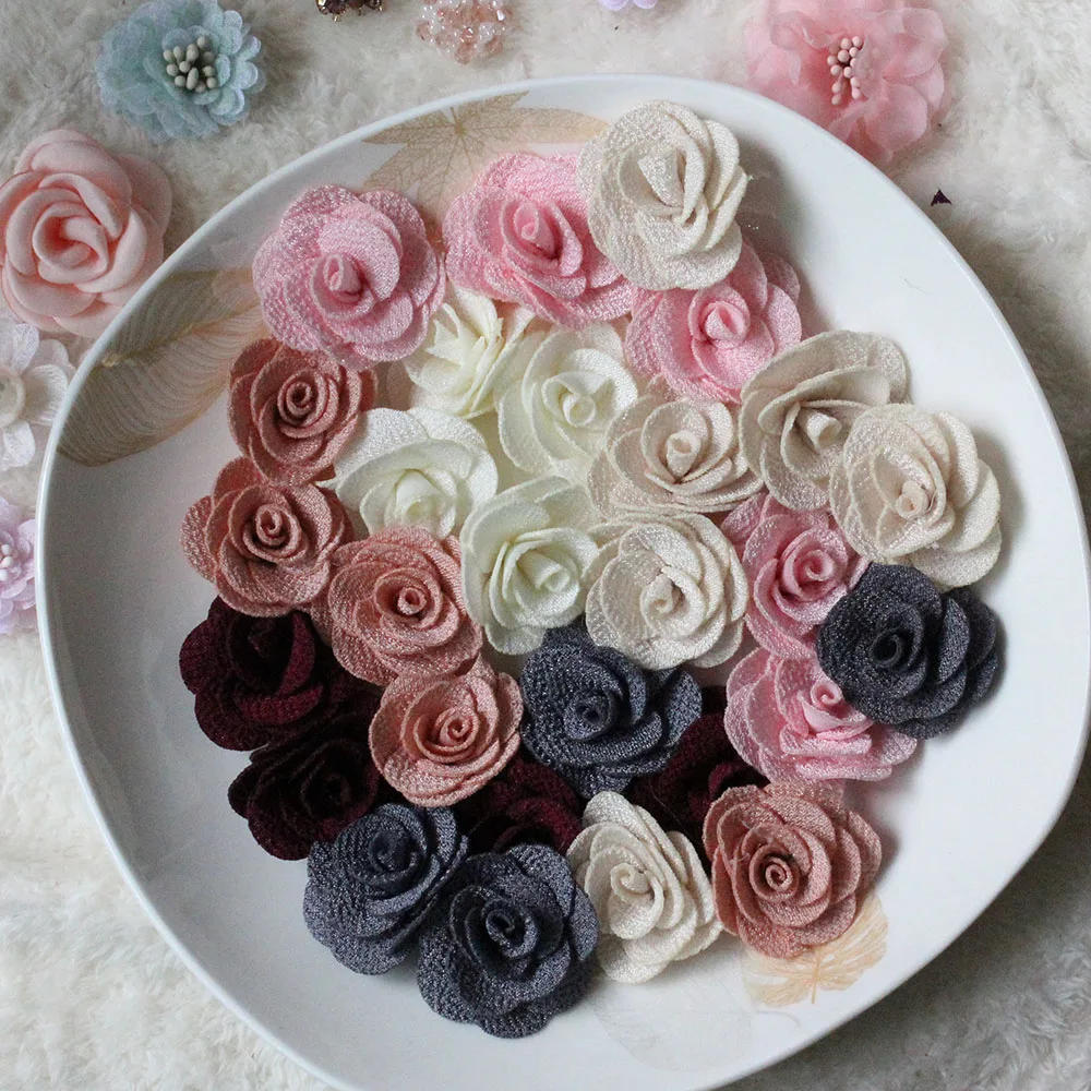 10pcs/Lot 35mm Solid Fabric Rosette 3D Handmade Flower Head Wedding Decoration Cloth Accessories