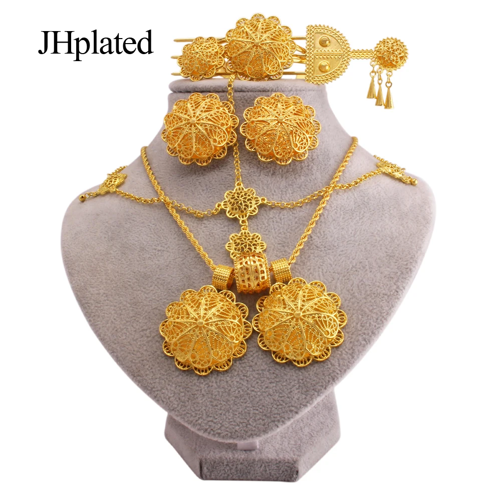 Äthiopischen gold überzogene Schmuck sets ohrringe haarnadel halskette armband ringe Afrikanische hochzeit geschenke schmuck set für frauen