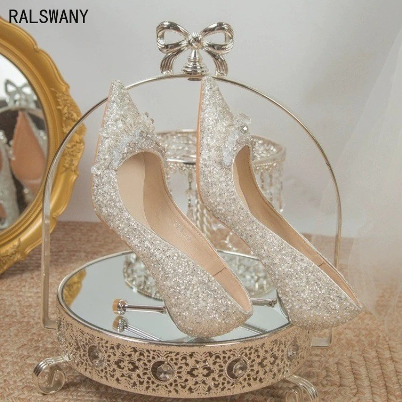 Stylish Wedding Banquet High Heels Women's Shoes Luxury Zapatos De Mujer Thin Heel Bow Full of Diamonds Mary Jane Shoes