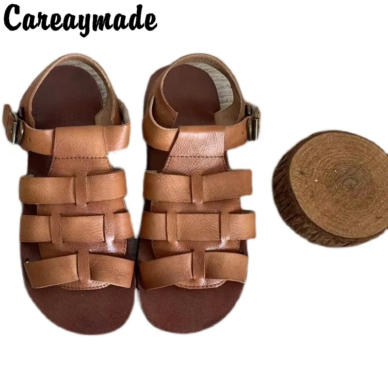 

Careaymade-Genuine Leather Summer woven flat sandals with buckle retro soft soles women's shoes ,Roman comfortable beach sandals